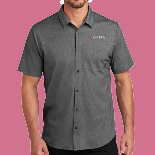 Kintra- Extend Short Sleeve Button Up - White, Dusty Rose Thumbnail