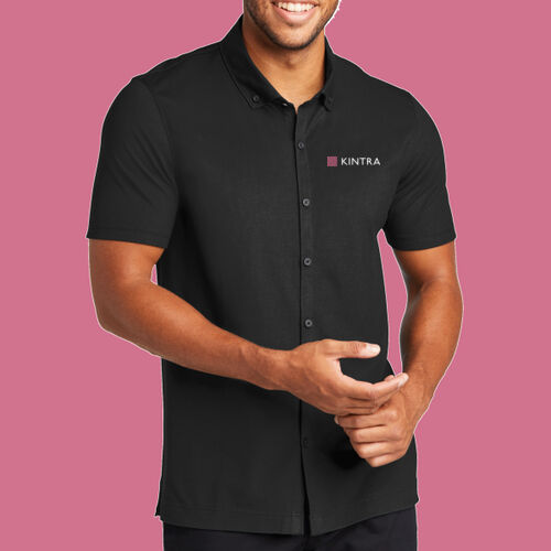 Kintra- Stretch Pique Full Button Polo - White, Dusty Rose Thumbnail
