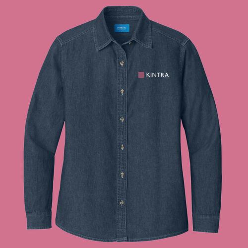 Kintra - Women's Long Sleeve Value Denim Shirt - White, Dusty Rose Thumbnail